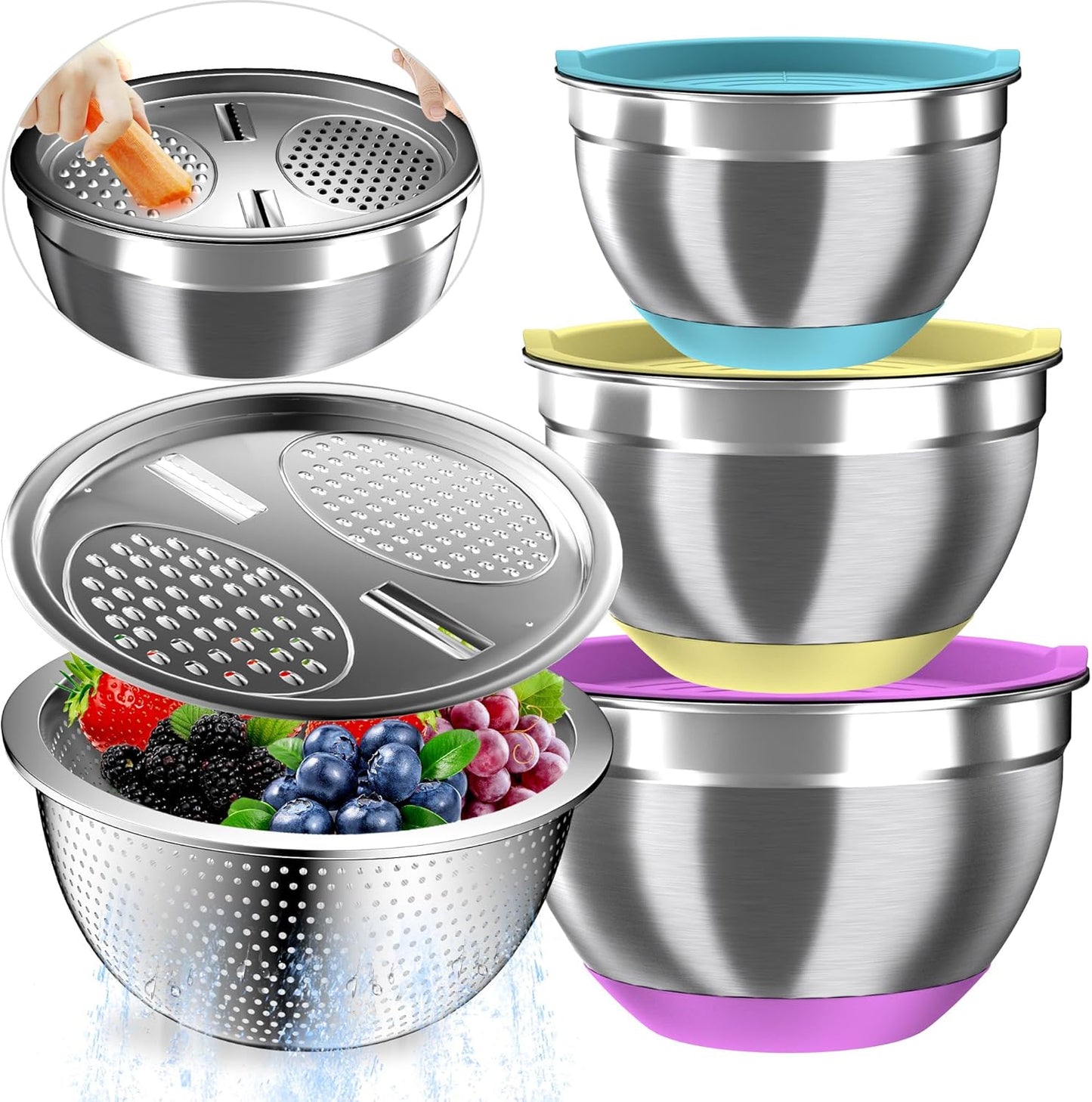 Nicdiet Mixing Bowls with Airtight Lids, Stainless Steel Mixing Bowl Set with 3 Metal Nesting Bowls, Colander & Grater, Non-Slip Bottoms, Size 1.5, 2.5, 5 QT, Great for Mixing & Serving, Khaki