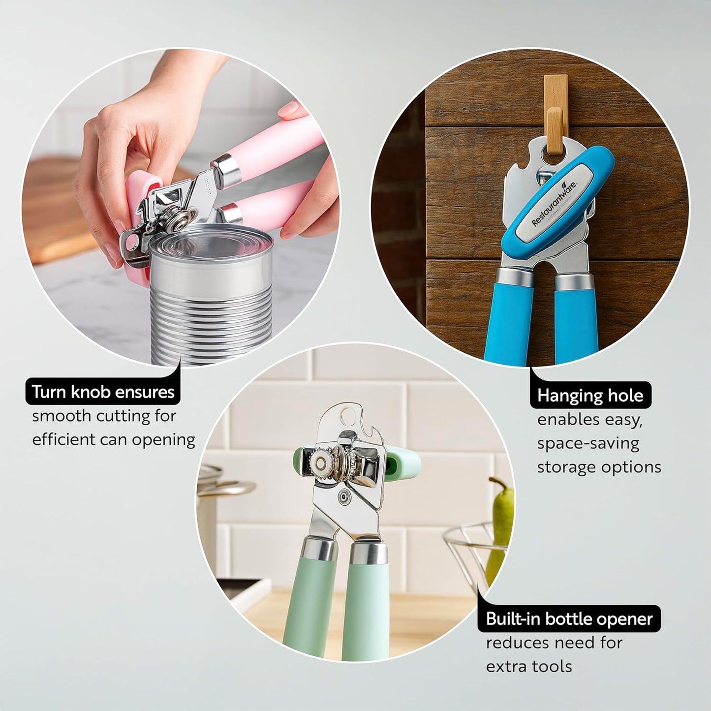 Restaurantware Comfy Grip 7.6 x 1.9 x 2.1 Inch Can Opener 1 Durable Manual Can Opener - Sharp Wheel Blade Grip Handle Mint Green Stainless Steel Hand-Held Can Opener Built-In Bottle Opener
