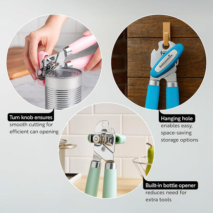 Restaurantware Comfy Grip 7.6 x 1.9 x 2.1 Inch Can Opener 1 Durable Manual Can Opener - Sharp Wheel Blade Grip Handle Mint Green Stainless Steel Hand-Held Can Opener Built-In Bottle Opener