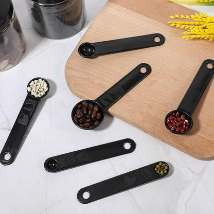 5Pcs Black Measuring Spoons Universal Easy to Read Measuring Cup and Spoon Set with Soft Grip Handle Plastic Cups and Spoons for Baking&Kitchen Hang Hole and Nesting for Easy Storage