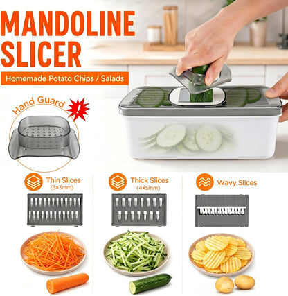 7-in-1 Vegetable Chopper – Mandoline Slicer Dicer with Container, Easy Tap Chop Food Cutter, 7 Interchangeable Blades for Onion Potato Cucumber, Kitchen Essentials Gift
