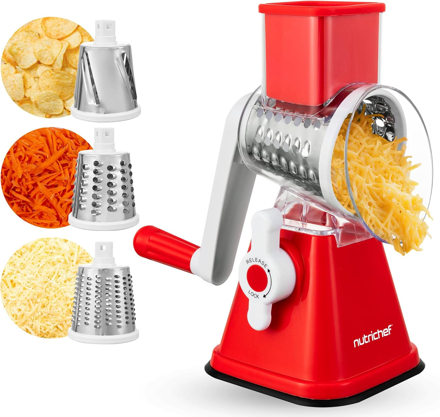 NutriChef 3 in 1 Cheese Grater & Shredder | Strong Suction Base, Rotary Handle with Safety Lock | Includes Hand Crank & 3 Drum Blades for 3 Textures, Fine, Medium & Strips | White