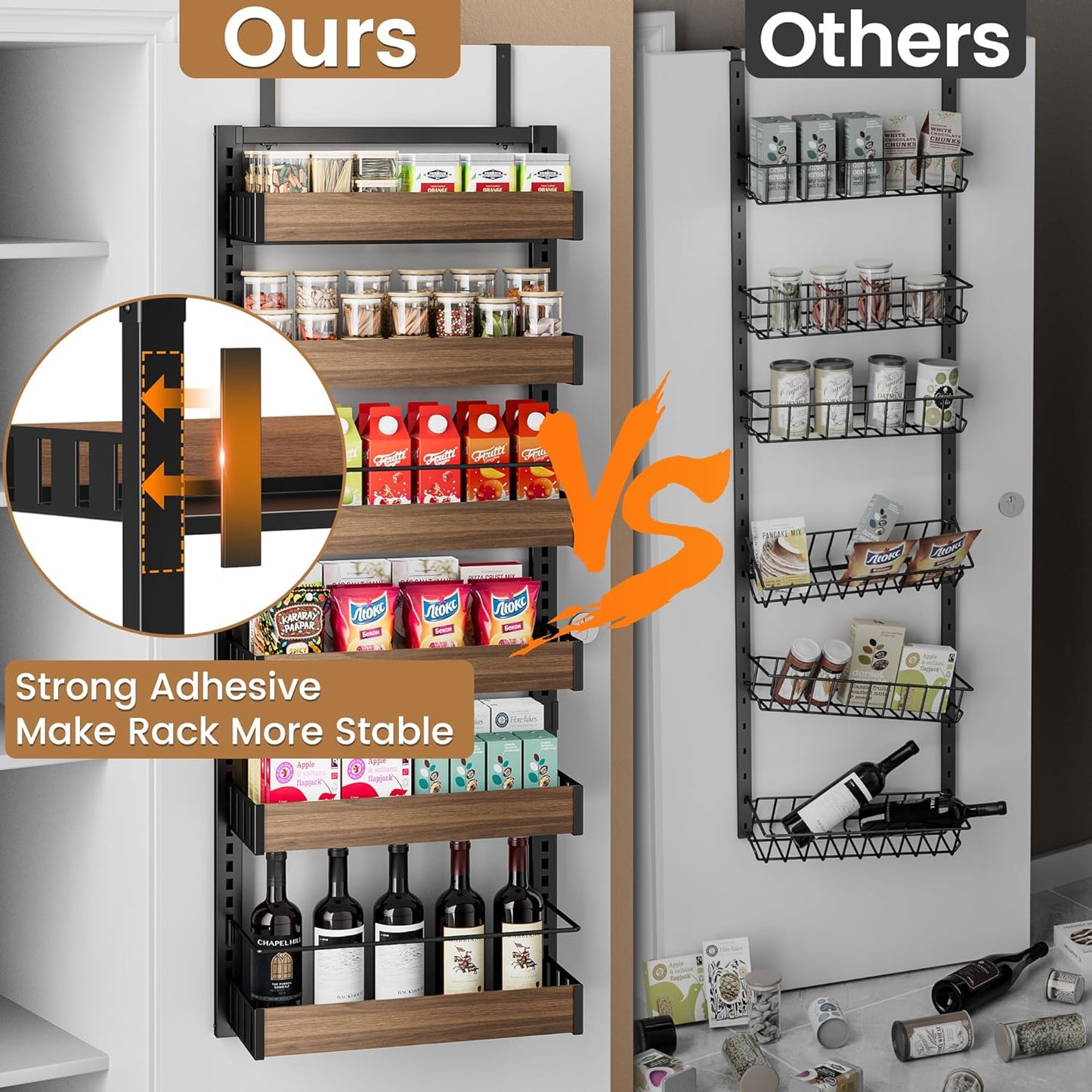 POKIPO 8 Tier Over The Door Pantry Organizer, 2 IN 1 Wall Mount or Hanging Spice Rack Seasoning Shelves with Adjustable Basket, Back of Door Organizer and Storage for Kitchen Cabinet and Room Closet