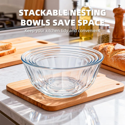 Luvan Glass Mixing Bowls with Lids Set(4.5QT, 2.7QT, 1.1QT)-Large Glass Mixing Bowls, Clear Salad Bowl for Baking, Cooking, Serving, Food Prep, 3PC Nesting Bowls for Kitchen Storage & Dishwasher Safe
