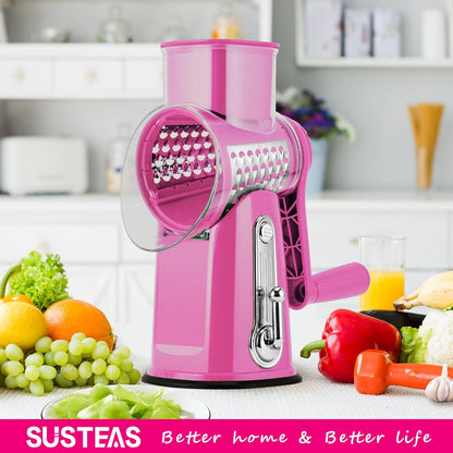 SUSTEAS Rotary Cheese Grater with Handle - Vegetable Shredder with 5 Well-designed Blades & Strong Suction Base,Round Mandoline Slicer & Food Chopper for Kitchen,with Blade Storage Box(Beige)