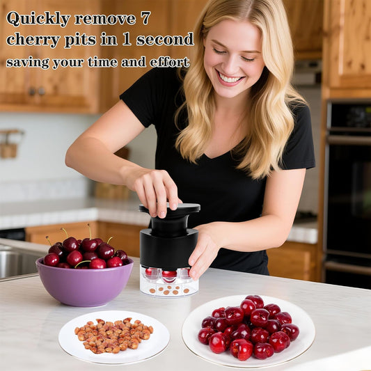 Cherry Pitter, 7-Hole Long Plunger Push Button Cherry Core Remover Tool with Splatter Protector, Quickly Pitting Cherries for Making Jam, Pies (White)