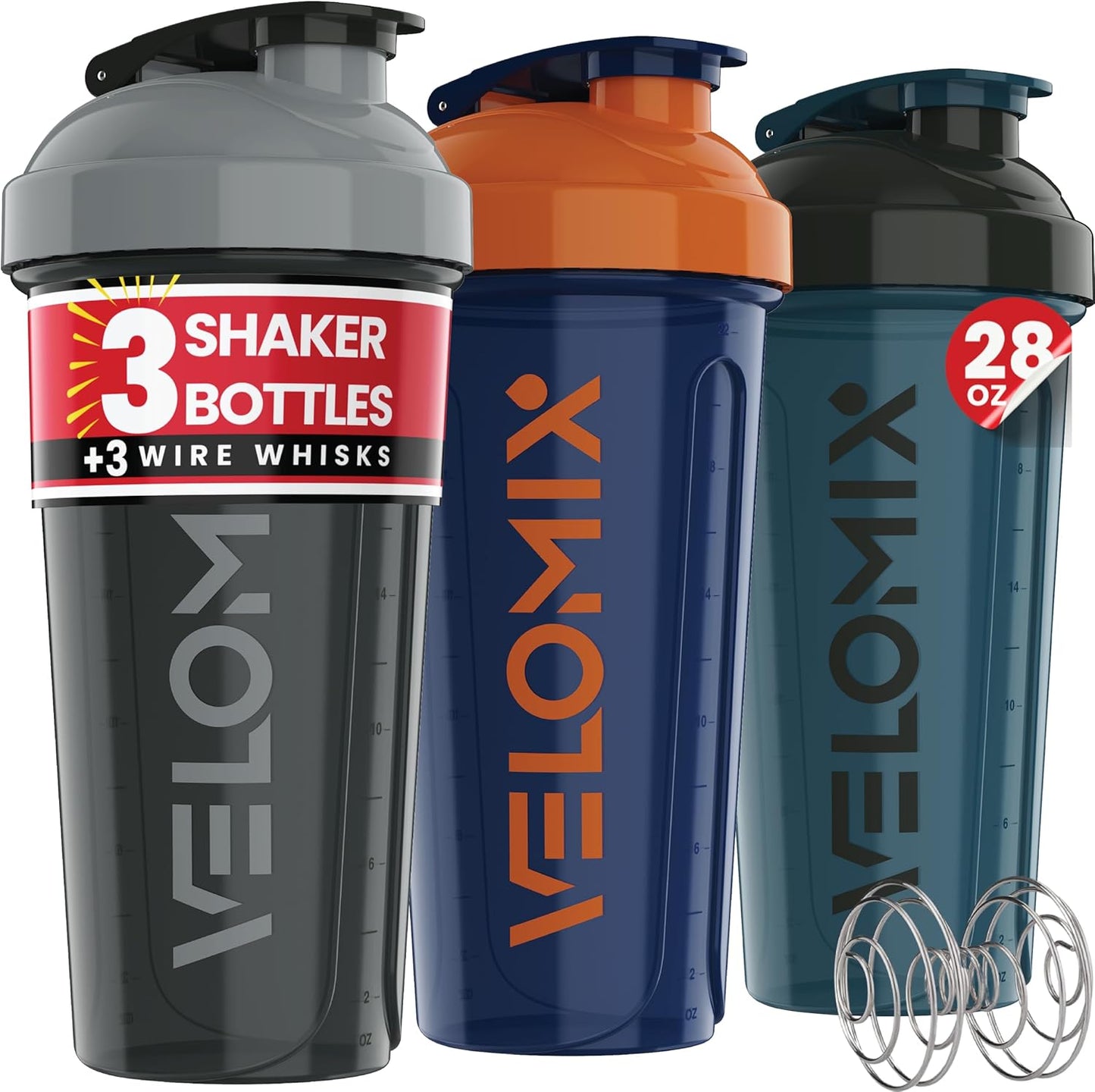 VELOMIX -2 Pack- 28 oz Protein Shaker Bottles for Protein Mixes - 2x Wire Whisk | Leak Proof Shaker Cups for Protein Shakes | Protein Shaker Bottle Pack (Black/Transparent)