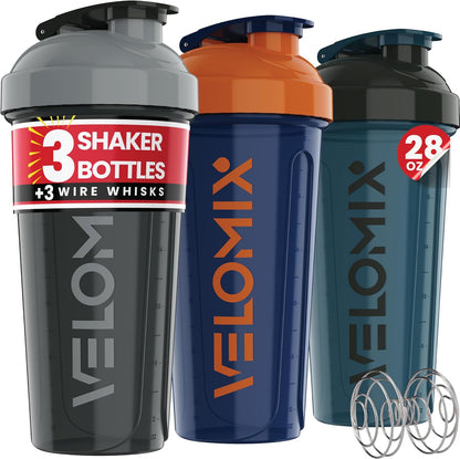 VELOMIX -2 Pack- 28 oz Protein Shaker Bottles for Protein Mixes - 2x Wire Whisk | Leak Proof Shaker Cups for Protein Shakes | Protein Shaker Bottle Pack (Black/Transparent)