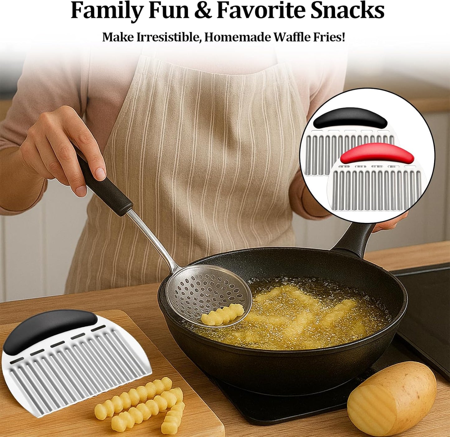 Crinkle Cutter Stainless Steel French Fry Cutter for Potato Slicer, Ripple Chips, Salads Effortlessly Cuts Potatoes, Carrots, Cucumbers Perfect for Meal Prep, Holidays & Entertaining (1 Pack)