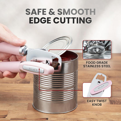 Zulay Kitchen Heavy Duty Stainless Steel Can Opener Manual with Bottle Opener - Rust Proof Manual Can Opener With Turn Knob & Comfy Soft Grip Handles - Cherry Red - Colors A