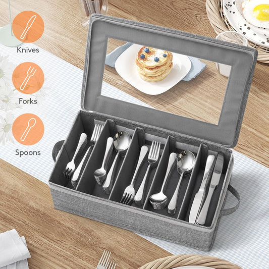 Lifewit Silverware Storage Box, Covered Flatware Organizer with Zipper Lid, 5 Compartment Cutlery Case with Adjustable Divider and Handle, Utensil Container for Spoon Fork Knives, 1 Pack