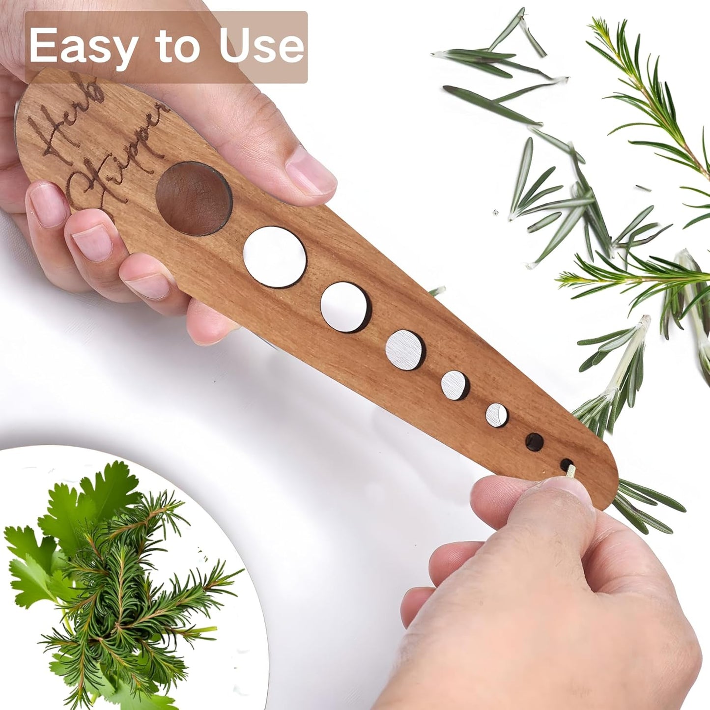 Herb Stripper Tool – Natural Wood Leaf Remover with 8 Hole Sizes, Laser Engraved Kitchen Gadget for Parsley, Thyme, Rosemary – Gift for Home Cooks & Gardeners