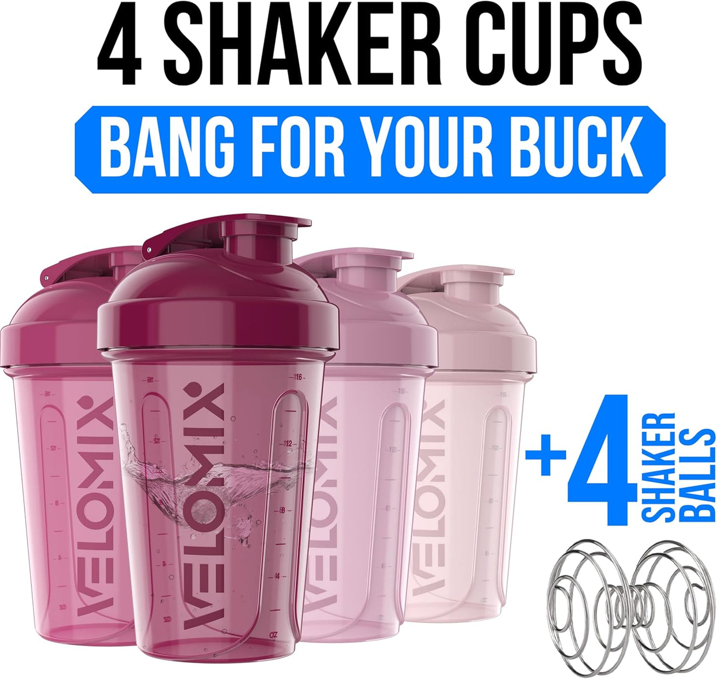 VELOMIX -4 PACK- 20 oz Protein Shaker Bottle for Protein Mixes - 4x Wire Whisk | Leak Proof Shaker Cups for Protein Shakes | Stackable Protein Shaker Bottle Pack | Dishwasher Safe (Blue Mirage)