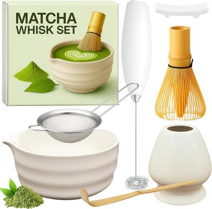 Matcha Whisk Set with Matcha Bowl - Matcha Set Included Electric Frother, Bamboo Whisk, Matcha Spoon, Bamboo Holder, Sifter, Spoon Stand (Blossom Pink)