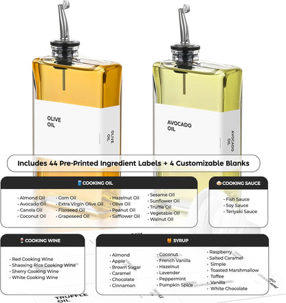 Spaceneat Olive Oil Dispenser Bottle - Includes 44 Kitchen Essential Labels - Cooking Oil Bottles for Kitchen, Coffee Syrup Dispenser - Pourer Spout with 11.8 fl oz Glass Container Cruet - 4pcs, Gold