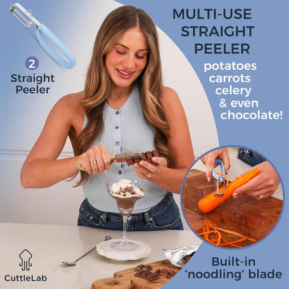 CuttleLab Vegetable Peeler Set – Serrated, Straight & Wide Blades- great apple peeler & potato peelers, Carrots, Zucchini, Cucumbers – Soft Grip Handle- Eye Remover – Dishwasher Safe (3, Country Chic)