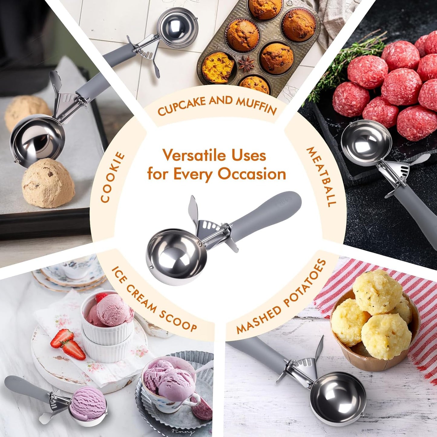 Fayomir 4 OZ Scoop, #8 Disher, Large Ice Cream Scoop with Trigger, Muffin Scoop, Large Cookie Scoops for Baking, Grey Handle, With Trigger for Portion Control
