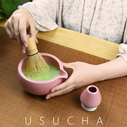 Artcome 4 Pcs Complete Matcha Ceremony Kit - Japanese Bowl With Pouring Spout, Whisk, Holder, Scoop - Tea Set for Making Usucha, Koicha and Latte (Green)