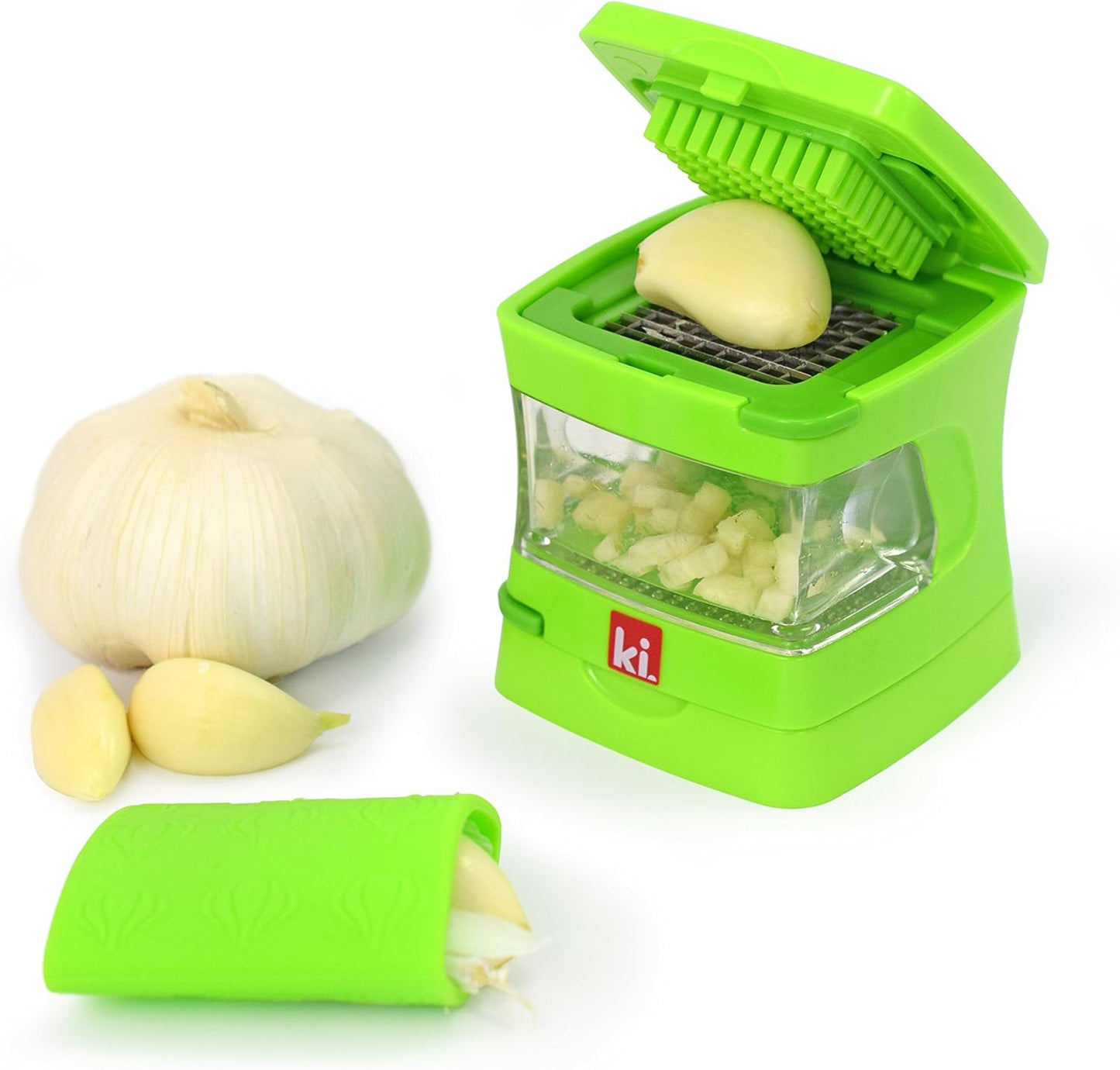 Garlic-A-Peel Garlic Press, Crusher, Cutter, Mincer, and Storage Container - Includes Silicone Garlic Peeler - Easy to Clean - Stainless Steel Blades – (Black), standard