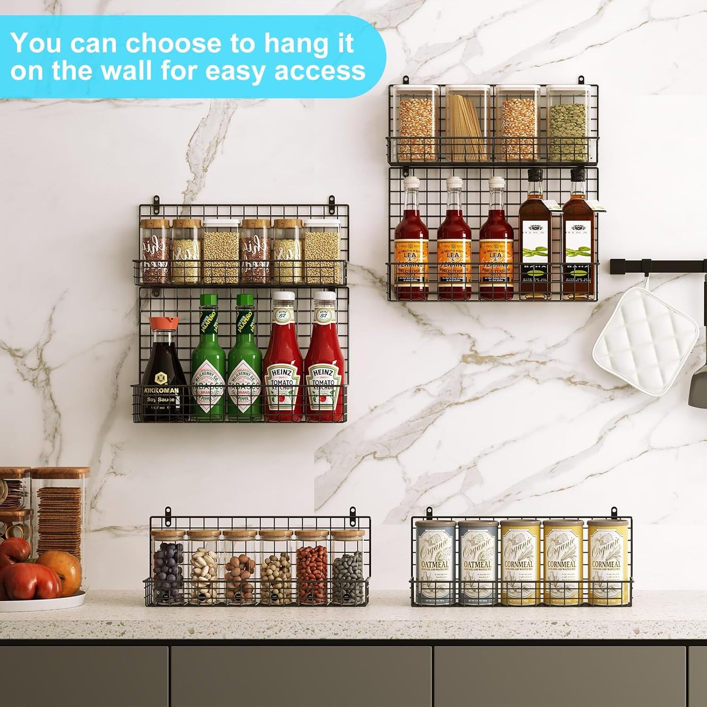 JKsmart 6-Tier Spice Rack Organizer with Door Hook, Wall Mounted & Over the Door Spice Racks for Kitchen Pantry Door Cabinet, Two Size, Large Capacity, Black