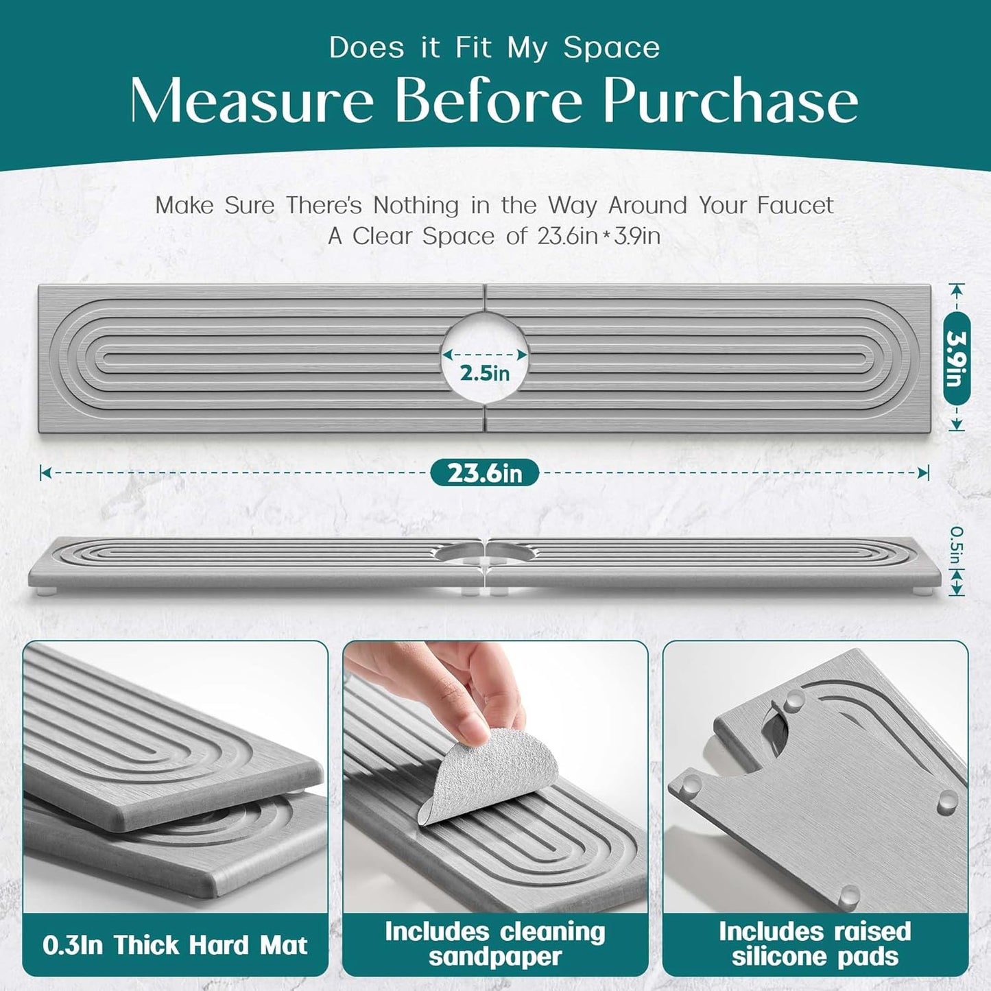 Eormoe Faucet Mat for Kitchen Sink – Diatomite Stone Drying Mat & Sink Protectors, Prevent Moisture – Sink Splash Guard Water-Absorbing Stone Tray for Bathroom Counter (Light Grey, 23.6" x 3.9")