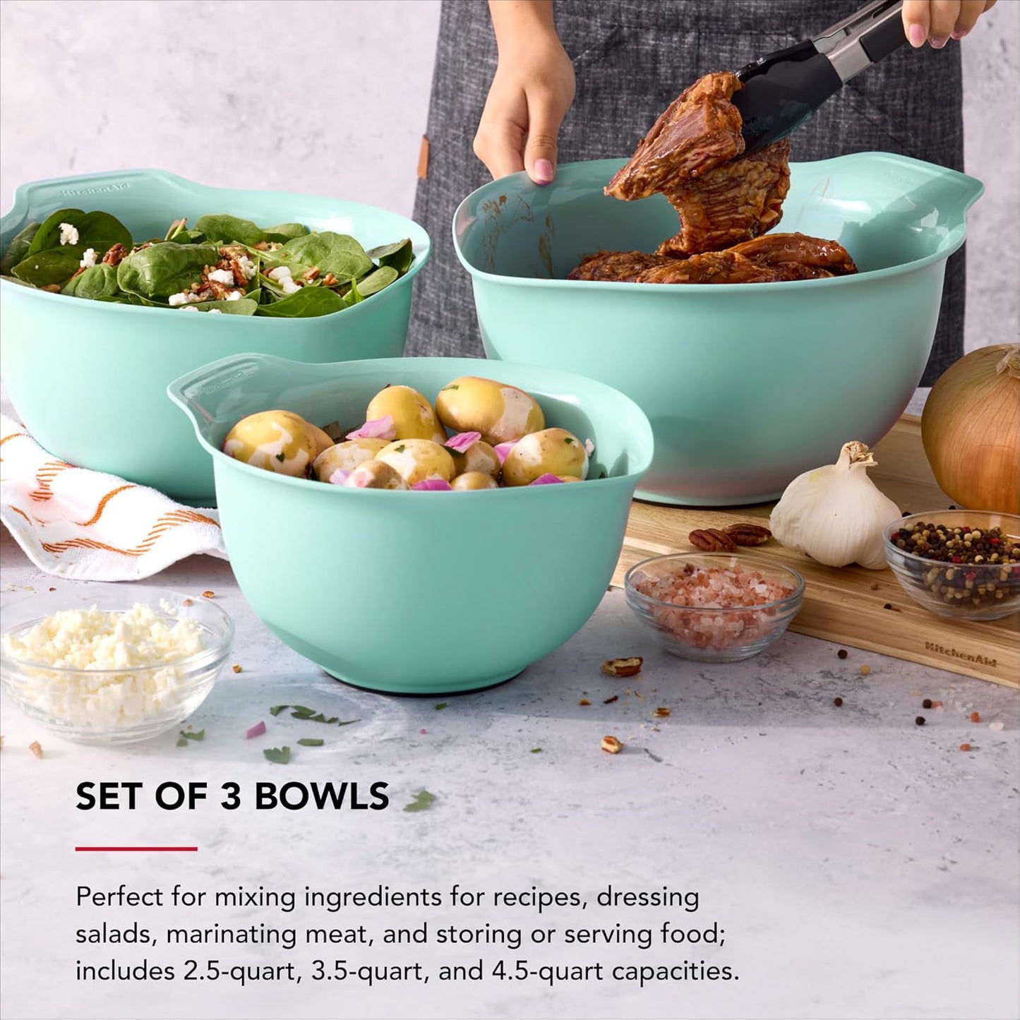 KitchenAid Universal Nesting Plastic Mixing Bowls, Set Of 3, 2.5 quart, 3.5 quart, 4.5 quart, Non Slip Base with Easy Pour Spout to Reduce Mess, Dishwasher Safe, Aqua Sky, White, Gray