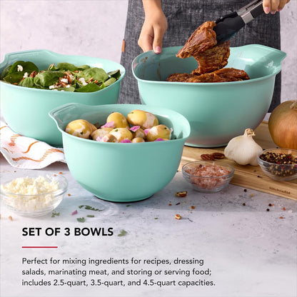 KitchenAid Universal Nesting Plastic Mixing Bowls, Set Of 3, 2.5 quart, 3.5 quart, 4.5 quart, Non Slip Base with Easy Pour Spout to Reduce Mess, Dishwasher Safe, Aqua Sky, White, Gray