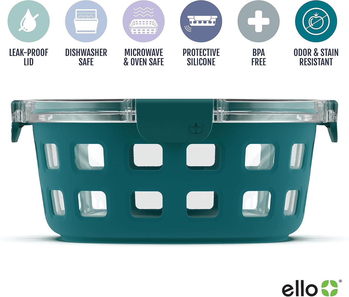 Ello DuraGlass Food Storage Glass Lunch Bowl - Meal Prep Container with Silicone Sleeve and Airtight Lid, 5 Cup, Yucca