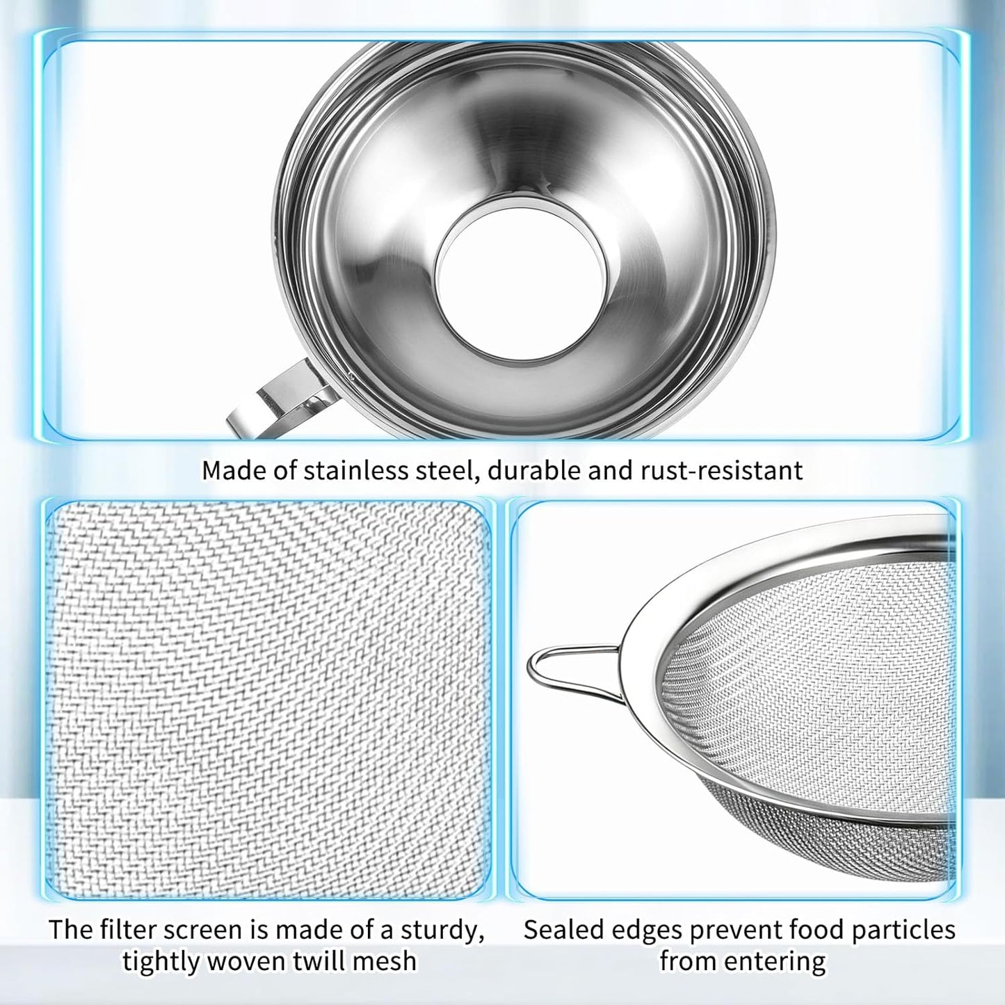 4 Pieces Stainless Steel Funnels with Fine Mesh Strainer, 2 Size Kitchen Canning Funnels Food Can Drainer Strainer with Handle