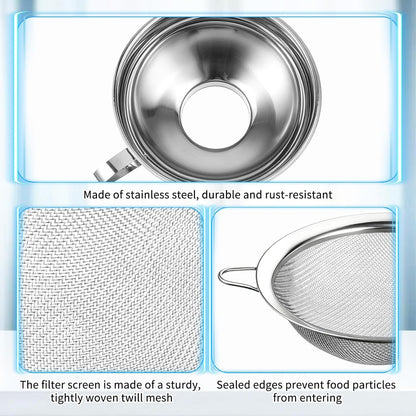 4 Pieces Stainless Steel Funnels with Fine Mesh Strainer, 2 Size Kitchen Canning Funnels Food Can Drainer Strainer with Handle