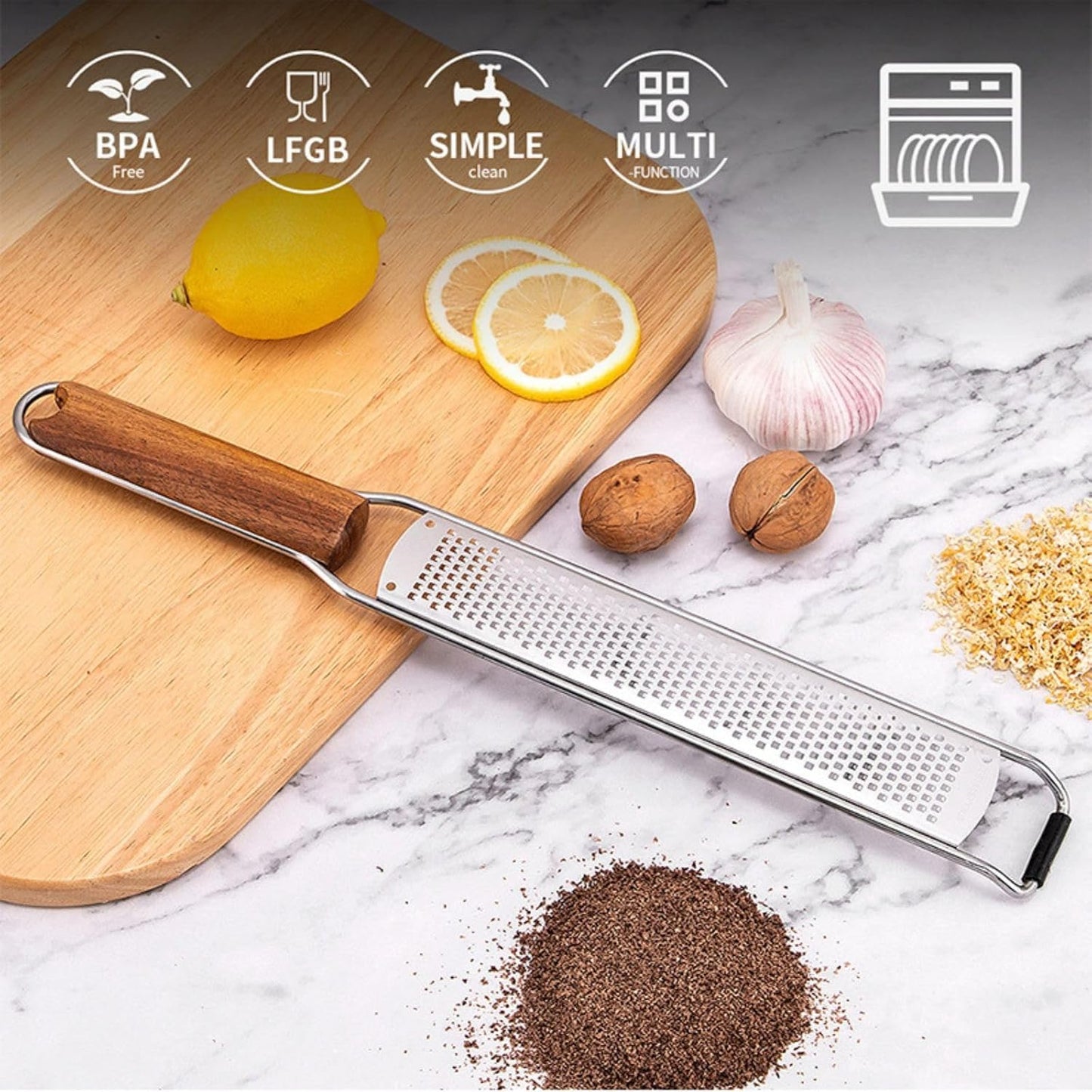 Lemon Zester & Cheese Grater Combo - Stainless Steel Grater for Parmesan, Wood Handle, Garlic, Ginger, Chocolate & Fruits - Perfect for Baking, Cooking & Garnishing (DUAL DESIGN)