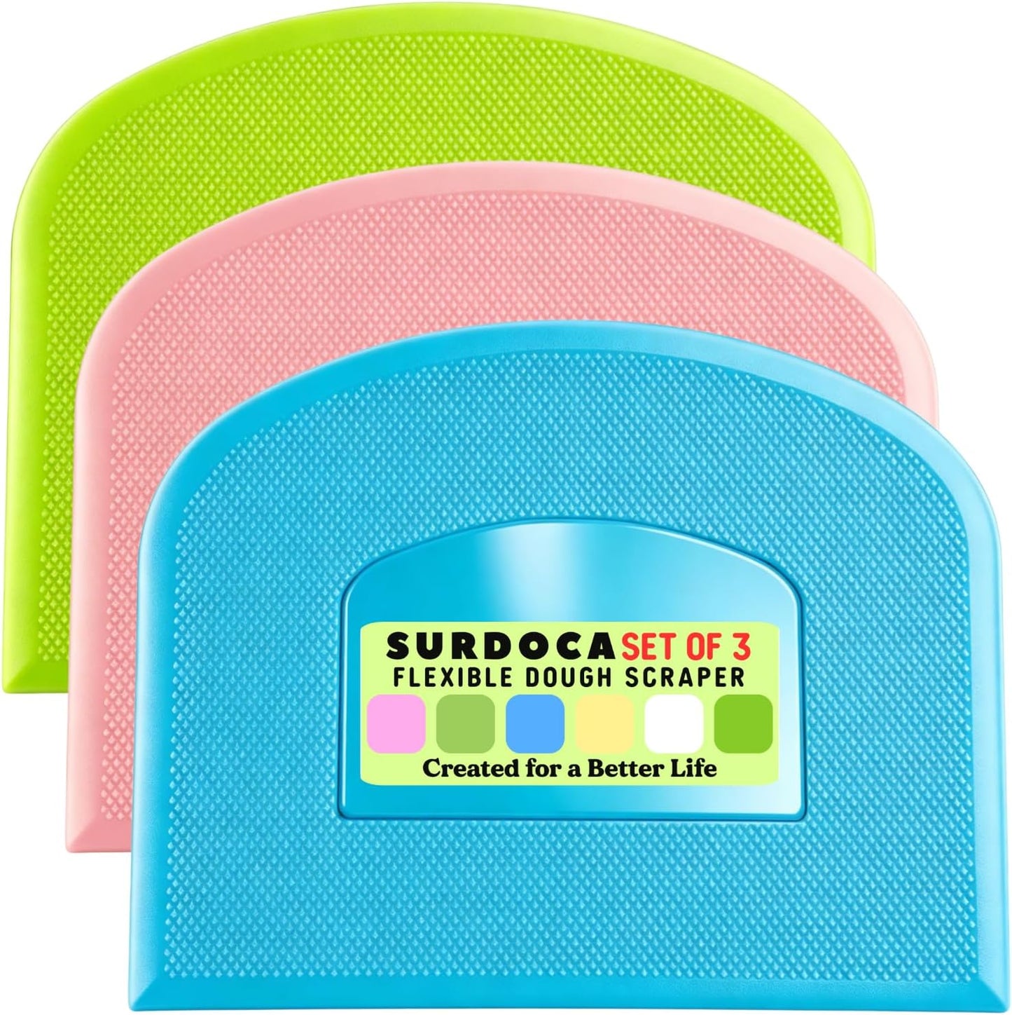 SURDOCA Dough Scraper Bench Scraper - 3P 4.7x3.7" Plastic Flexible Bowl Scraper, Sharp Edge & Angles Cake Scraper. Non-Slip Bakeware Decorating Tools Sculpting & Modeling Tools - Green+White+Green - Colors A