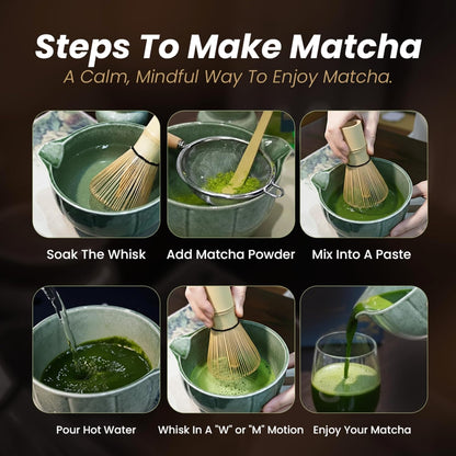 12-Piece Matcha Whisk Set - Complete Matcha Kit Including Matcha Bowl with Spout, Bamboo Whisk, Bamboo Straws, Scoop with Holder, Sifter with Wooden Handle & More - Premium Matcha Gift Set