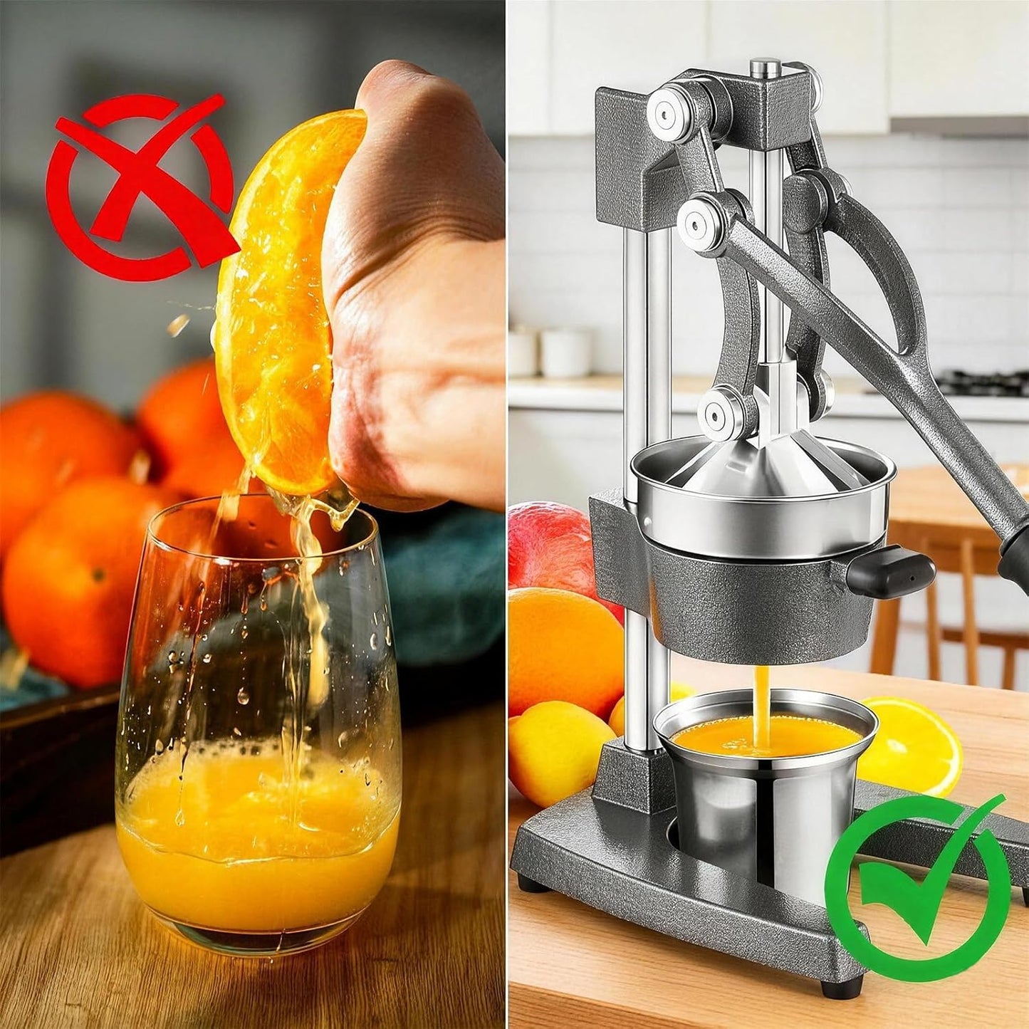 Cast Iron Citrus Juicer Hand Press, Heavy Duty Manual Orange Juicer Squeezer with 304 Stainless Steel Cup & Strainer, Lemon Grapefruit Pomegranate Press, Grey