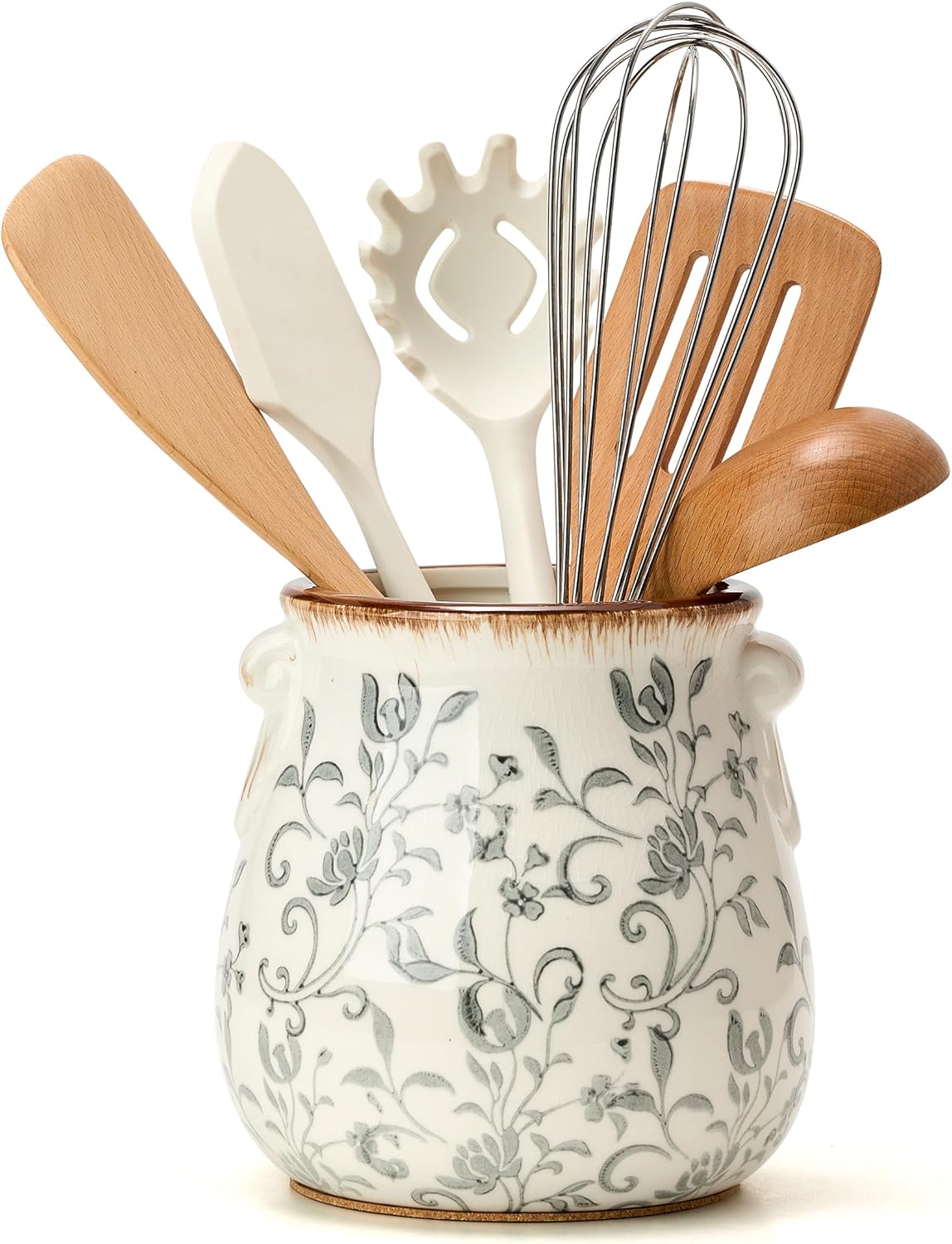 Utensil Holder for Kitchen Counter, Modern Farmhouse Rustic Cooking Utensil Holder and Crock, Exquisite Chinoiserie Floral Ceramic Utensil Organizer for Home Kitchen Decor- Green and Beige