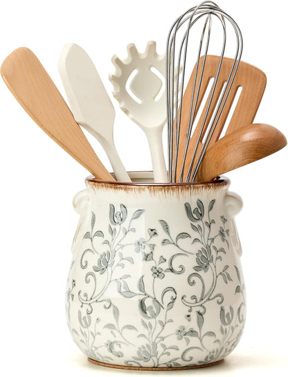 Utensil Holder for Kitchen Counter, Modern Farmhouse Rustic Cooking Utensil Holder and Crock, Exquisite Chinoiserie Floral Ceramic Utensil Organizer for Home Kitchen Decor- Green and Beige
