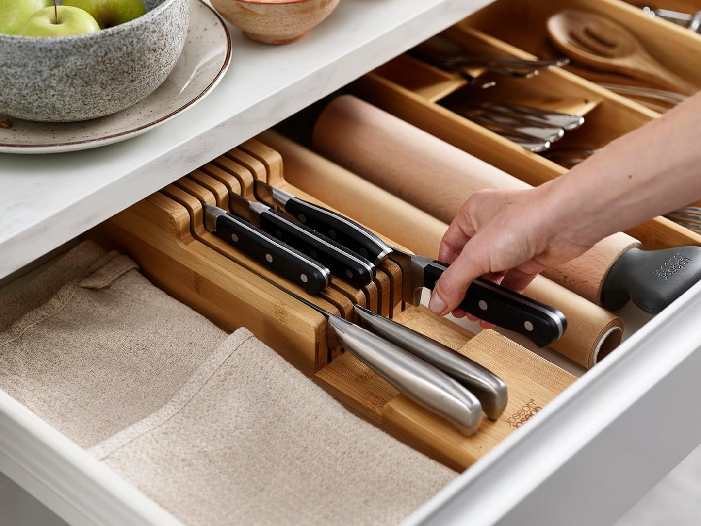 Joseph Joseph DrawerStore Compact Utensil Organizer For Kitchen Drawer Silverware, Flatware Tray, Small, Bamboo