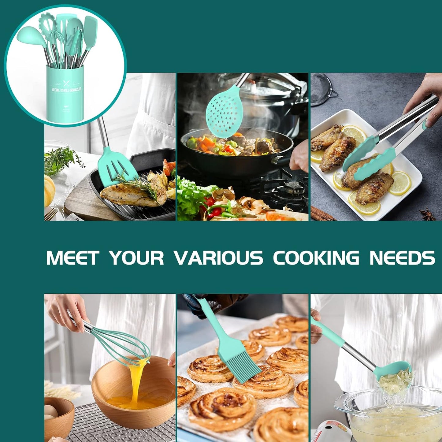 Silicone Cooking Utensil Set, Umite Chef 15pcs Silicone Cooking Kitchen Utensils Set, Non-stick - Best Kitchen Cookware with Stainless Steel Handle - Black Kitchen Utensils
