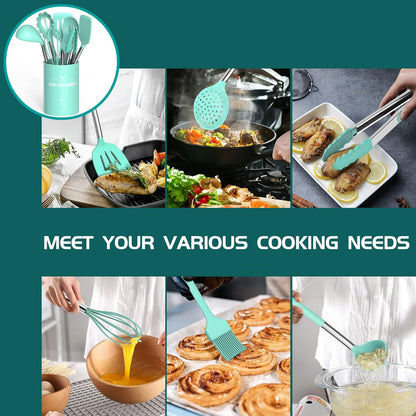 Silicone Cooking Utensil Set, Umite Chef 15pcs Silicone Cooking Kitchen Utensils Set, Non-stick - Best Kitchen Cookware with Stainless Steel Handle - Black Kitchen Utensils