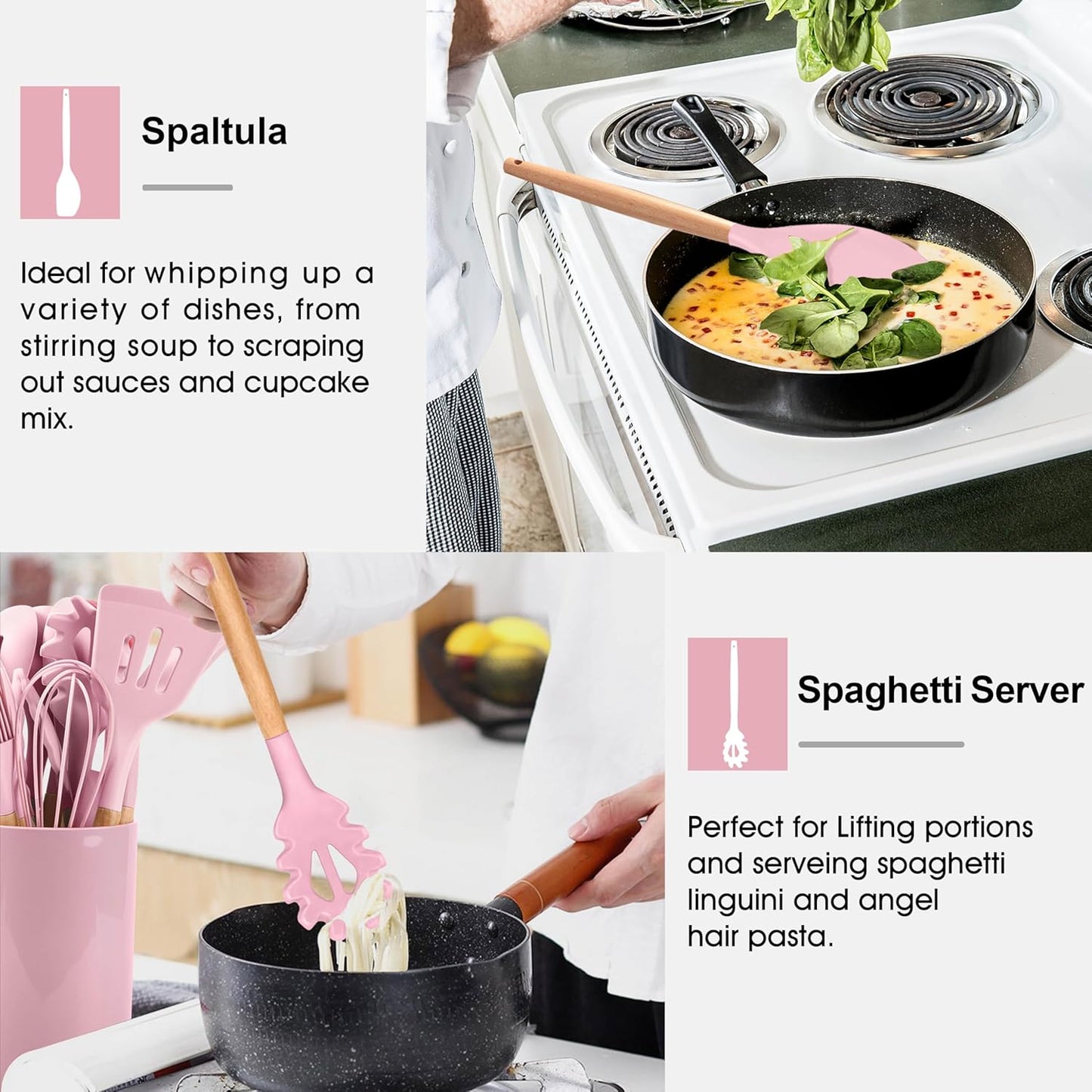 E-far Cooking Utensils Set of 6, Silicone Kitchen Utensils with Wooden Handle, Non-stick Cookware Friendly & Heat Resistant, Includes Spatula/Ladle/Slotted Turner/Serving Spoon/Spaghetti Server(Khaki)