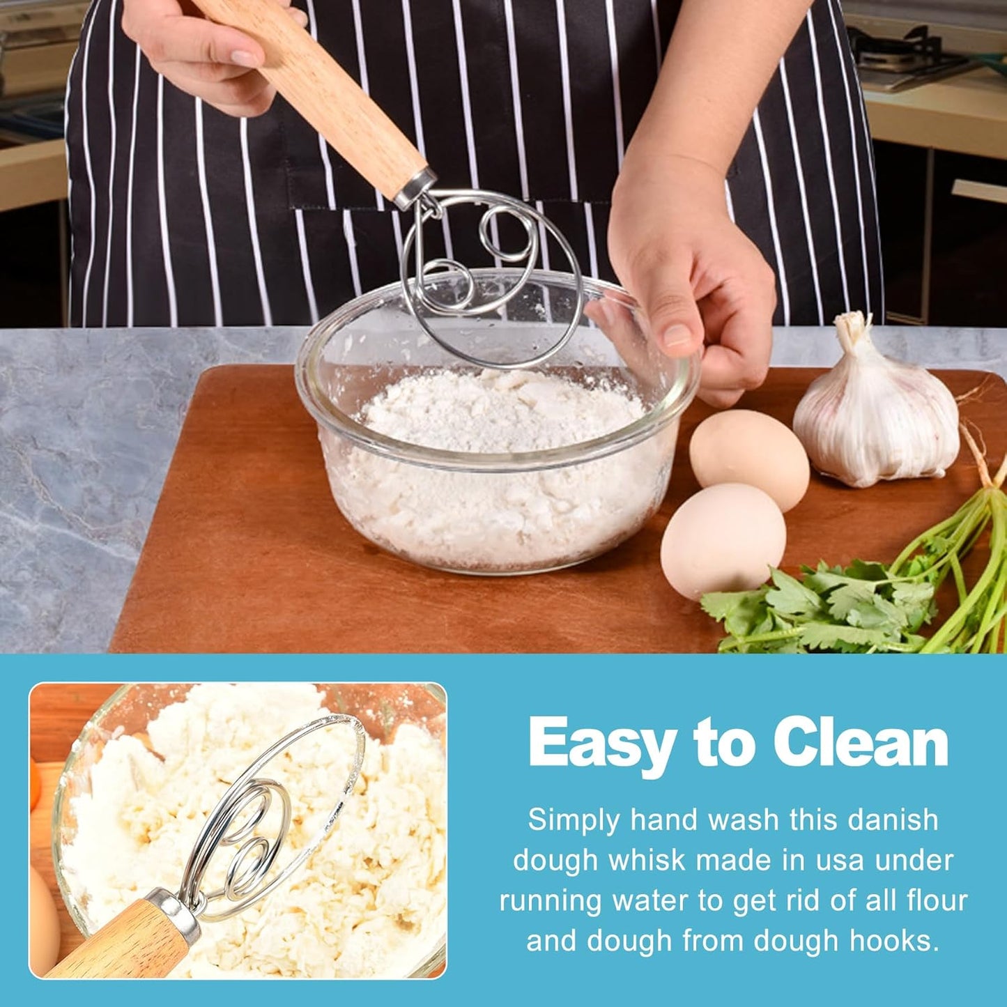 CoguZed Danish Dough Whisk - Stainless Steel Hand Mixer with Wooden Handle, Essential Baking Tool for Sourdough, Artisan Bread & Pastry Dough