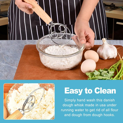CoguZed Danish Dough Whisk - Stainless Steel Hand Mixer with Wooden Handle, Essential Baking Tool for Sourdough, Artisan Bread & Pastry Dough