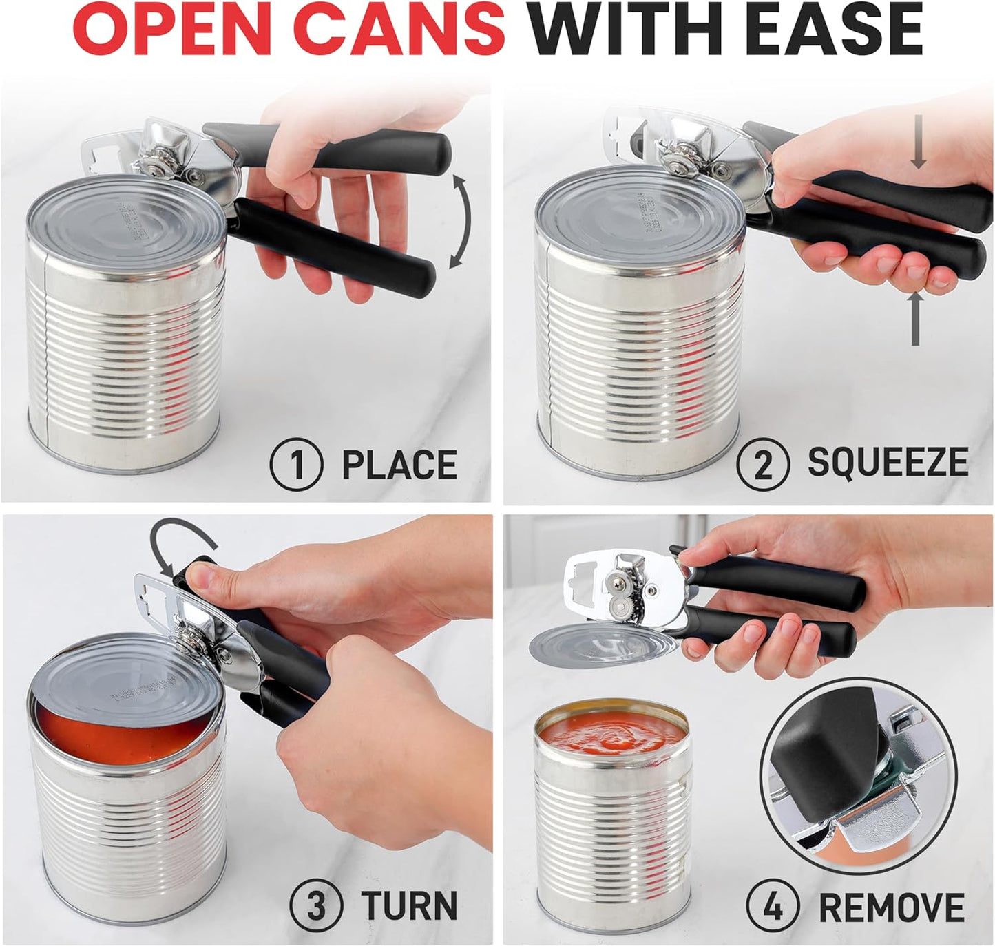 Zulay Kitchen Can Opener with Large Bottle Opener - Heavy Duty Stainless Steel Manual Can Opener with Turn Knob and Soft Grip Handles - Black