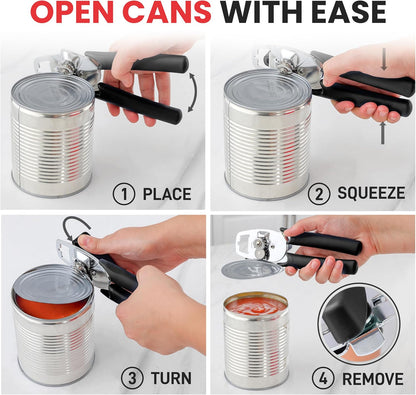 Zulay Kitchen Can Opener with Large Bottle Opener - Heavy Duty Stainless Steel Manual Can Opener with Turn Knob and Soft Grip Handles - Black
