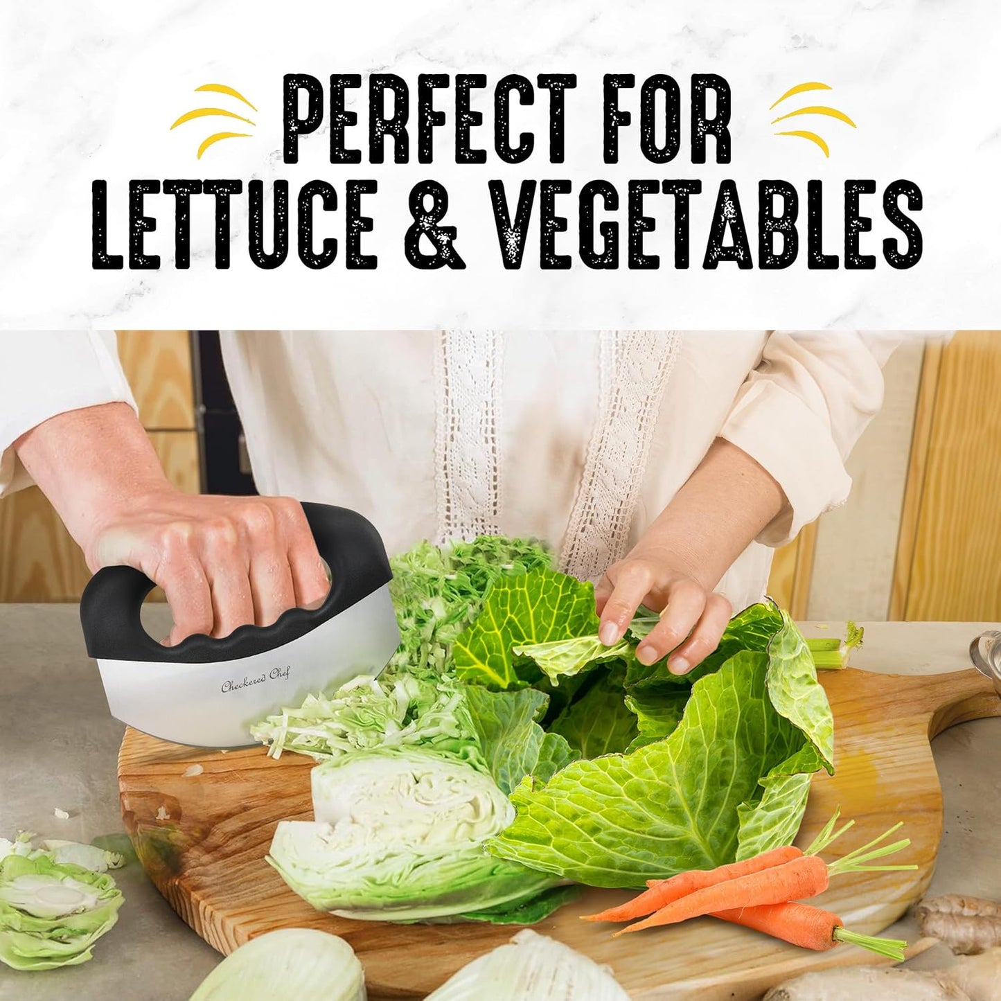 Checkered Chef Salad Chopper Tool, Mezzaluna Knife Stainless Steel Vegetable Rocker