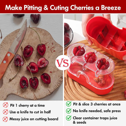2-in-1 Cherry Pitter & Half Slicer, 3-Hole Cherry Seed Remover with Built-in Blade, with Clear Container (Apple Green)