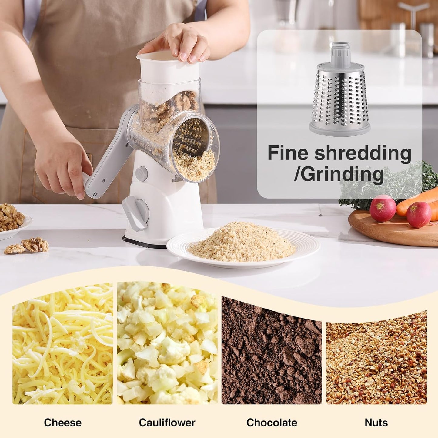Rotary Cheese Grater Hand Crank, Kitchen Mandolin Vegetable Cheese Shredder with 3 Interchangeable Blades,Easy Clean Rotary Grater with Handle,Kitchen Grater Grinder for Cutting Cheese,Vegetable Nuts
