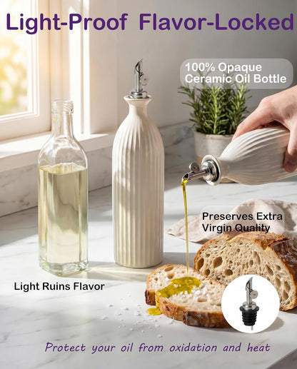 17 oz Ceramic Olive Oil Bottle Dispenser for kitchen with Stainless Automatic Spout, Stoneware 500ml Oil, Vinegar, Soy Sauce, Coffee Syrup, and Liquids container - Deep Gray-Blue