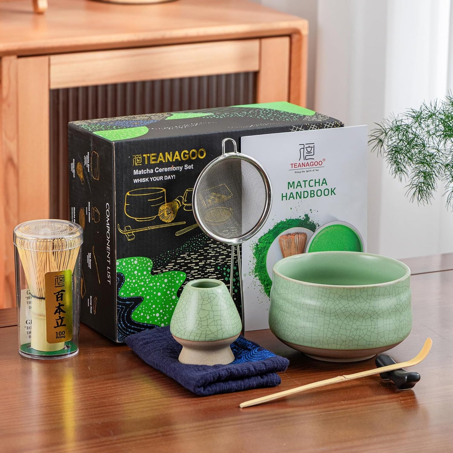 TEANAGOO Matcha Whisk Set, 7 Pcs Matcha Set Blue, Matcha Kit for Ceremony, Matcha Tea Set for Making Breakfast/Latte, Ceramic Matcha Bowl(chawan) whith Spout and Whisk, Gift for Friend/Family
