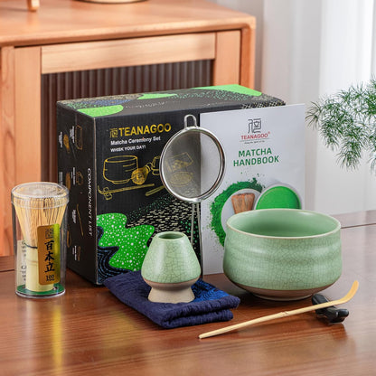 TEANAGOO Matcha Whisk Set, 7 Pcs Matcha Set Blue, Matcha Kit for Ceremony, Matcha Tea Set for Making Breakfast/Latte, Ceramic Matcha Bowl(chawan) whith Spout and Whisk, Gift for Friend/Family